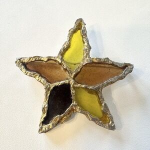 Vintage Lester Joy Star Brutalist Resin Brooch Pin Orange Yellow Gold-Tone